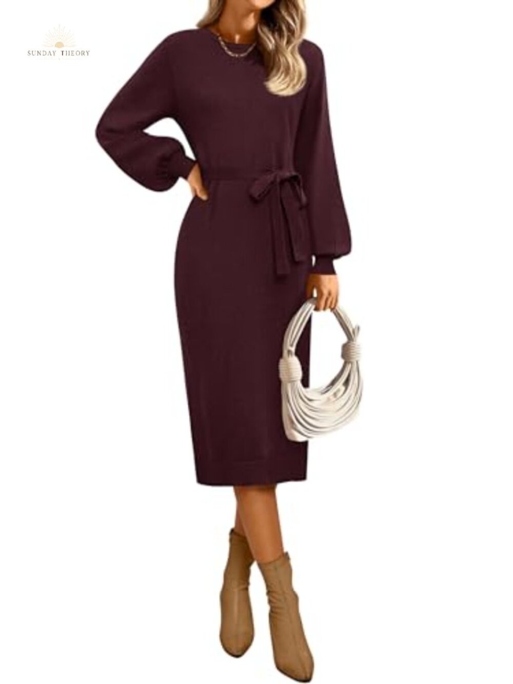 Women's Fall Sweater Dress Crew Neck Puff Sleeve Tie Waist Knit Midi Dress with